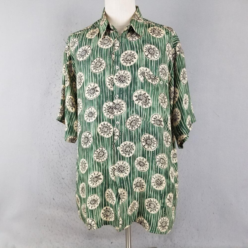 Saks Fifth Avenue Shirt Mens XL Green Silk Sun Print Short Sleeve‎ Button Up 90s